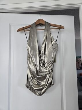 Nicole Miller Metallic Silver/Gold Faux Wrap Halter Top